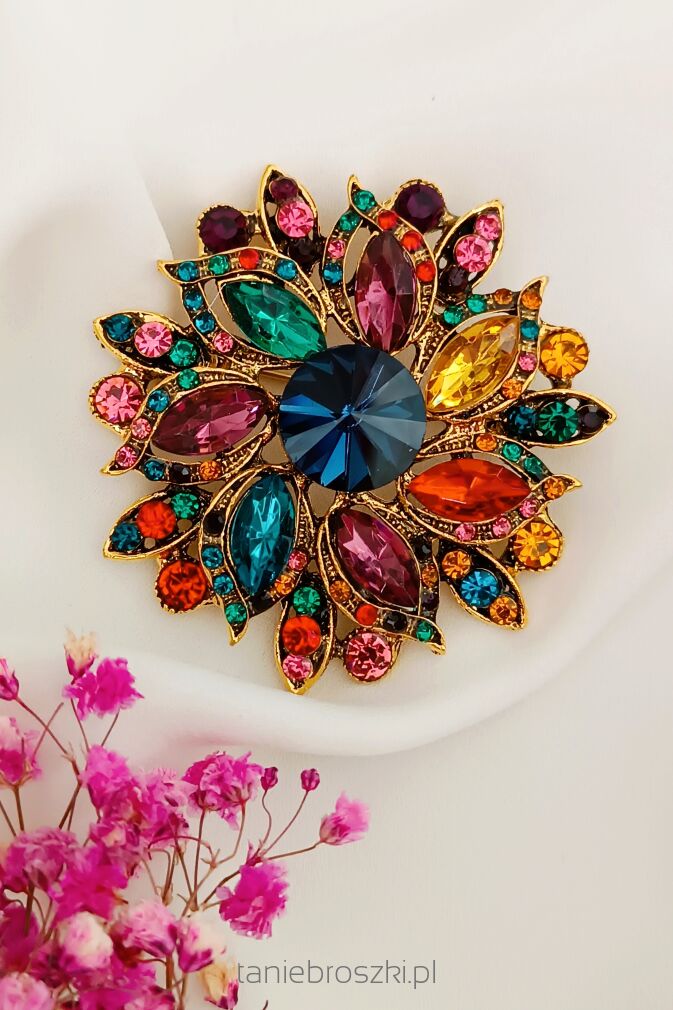 Duża kolorowa broszka z mnóstwem cyrkoni