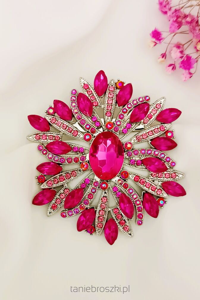 Duża kobieca broszka srebrno różowa